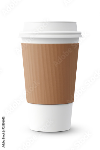 A classic white disposable coffee cup with a cardboard sleeve, isolated on transparent background