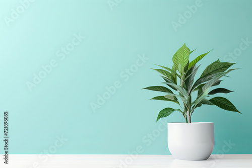 A houseplant in a white pot on a turquoise background with copy space © Mikhail