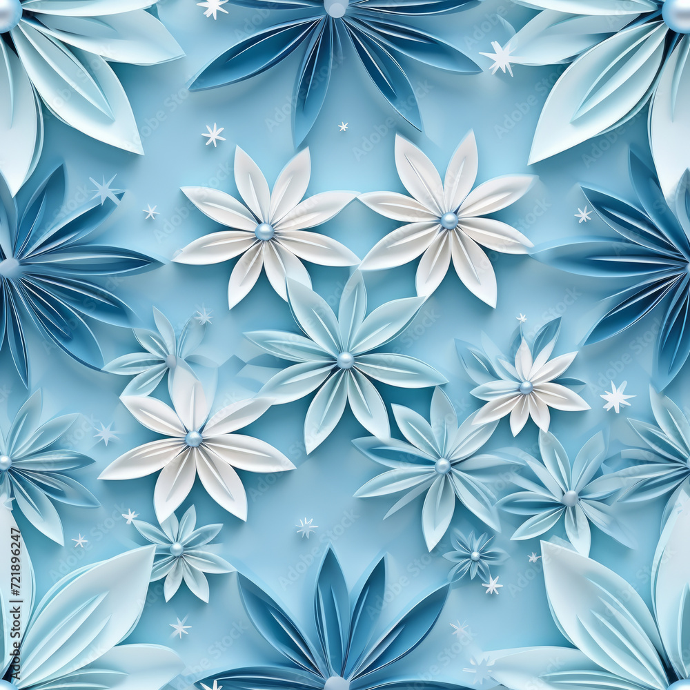 Obraz premium Seamless pattern illustration of a paper quill flowers on a blue background
