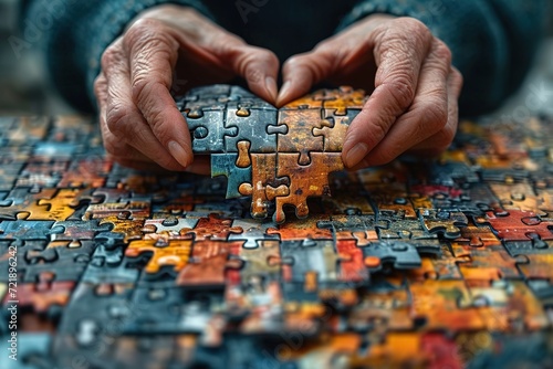 Close-up of a person assembling a heart-shaped puzzle made from photos