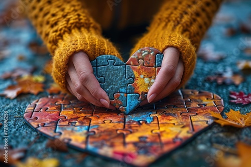 Close-up of a person assembling a heart-shaped puzzle made from photos photo