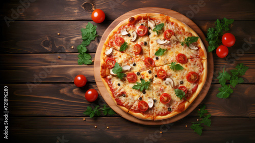 Top view on a pizza on a wooden table with ingredients, tomatoes and herb leaves. Copy space