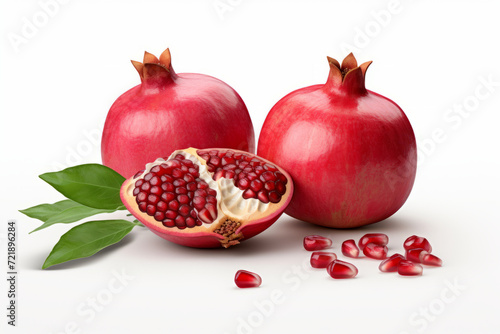 Pomegranates fruits with leaves and seeds on a white background