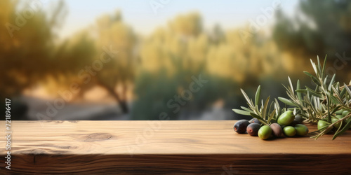 Wooden tabletop with fresh olives on a background of olive trees in blur. Banner  Copy space  Mock up  montage your product