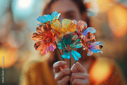 A woman with a blurred face holding colorful flowers made of mirrors in her hands