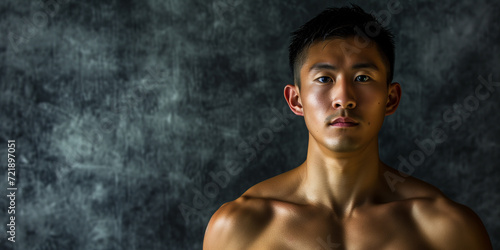 Athletic Asian man with a focused gaze, set against a textured dark grey background