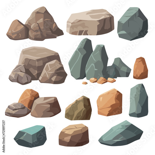 Cartoon big set of rock stones. Isometric 3D flat style stones and rocks. Different boulders set. Various shapes of cobblestones. Vector Illustration. Generative AI.