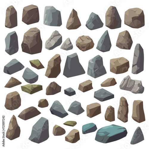 Cartoon big set of rock stones. Isometric 3D flat style stones and rocks. Different boulders set. Various shapes of cobblestones. Vector Illustration. Generative AI.
