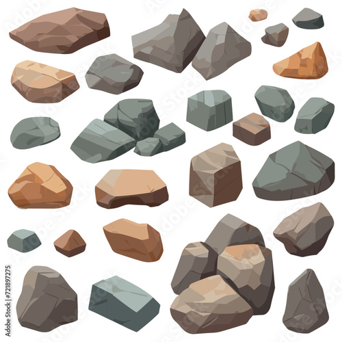 Cartoon big set of rock stones. Isometric 3D flat style stones and rocks. Different boulders set. Various shapes of cobblestones. Vector Illustration. Generative AI.