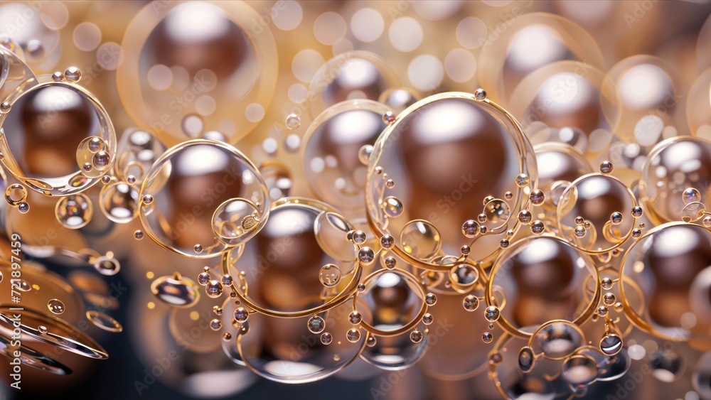 Bubbles suspended above a liquid surface, with a background of blurred golden texture. Bubbles suspended above a liquid surface, with a background of blurred golden texture.
