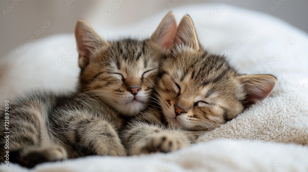Two kittens are sleeping in an embrace.