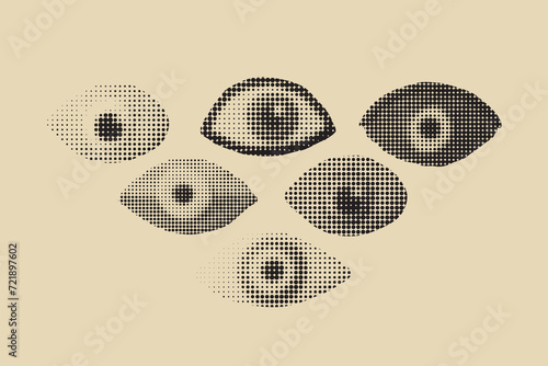 Stylized halftone eyes set. Retro collage, vector illustration.