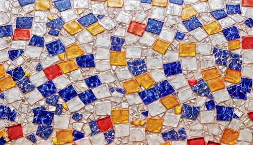 Mosaic art: small tiles in blue, white, orange, and red form a vibrant pattern.