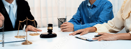 Lawyer acting as mediator broke a compromise between two parties to resolve business dispute through negotiation at law firm office. Legal mediation and conflict resolution service. Panorama Rigid