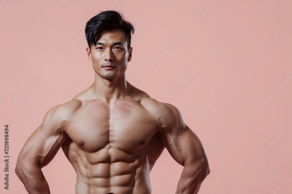 Handsome Asian young muscled bodybuilder man posing against pink background with space for text Handsome Asian young muscled bodybuilder man posing against pink background with space for text