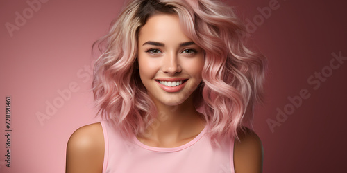 Portrait of a Happy Young Woman with Pink Wavy Hair Looking at the Camera