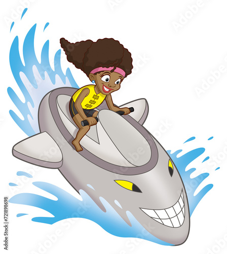 cartoon girl riding jet ski