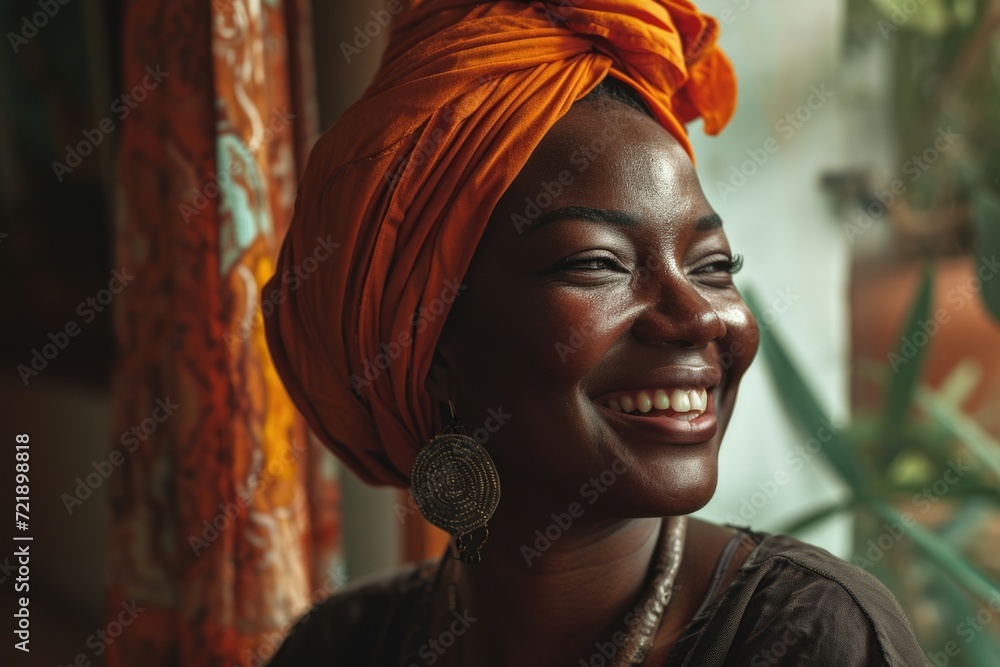Happy African American woman in orange headscarf laughing at home.