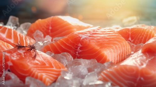 Tender fillet of seasoned salmon on ice. Fresh fish in the store.