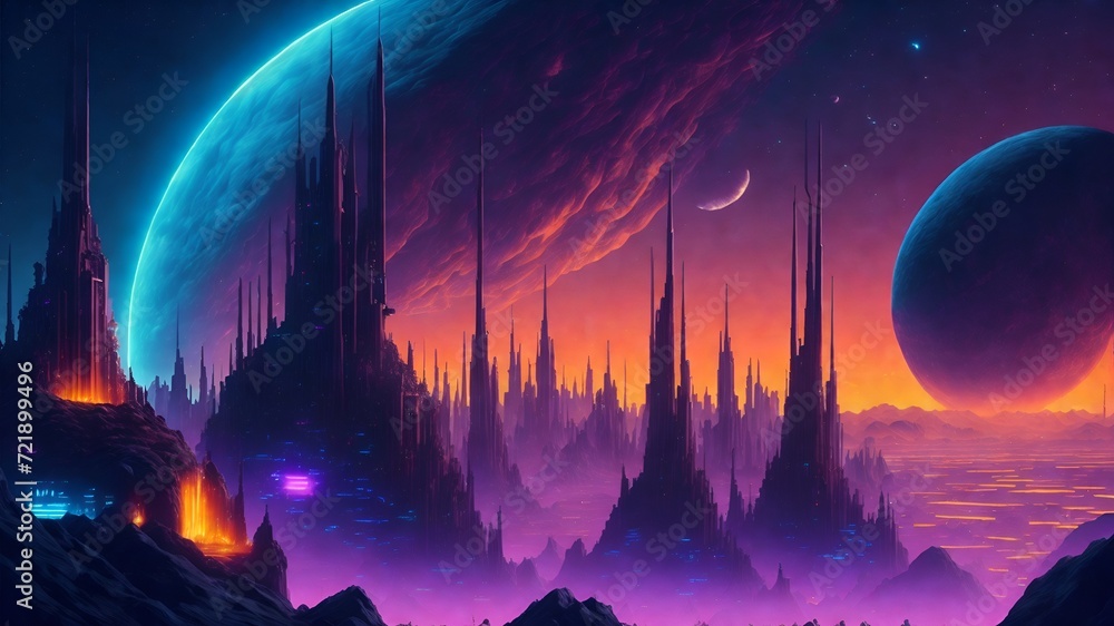 A stunning celestial cityscape on an alien planet, captivated by the mesmerizing glow of neon hues and cosmic lights that illuminate the evening sky. 