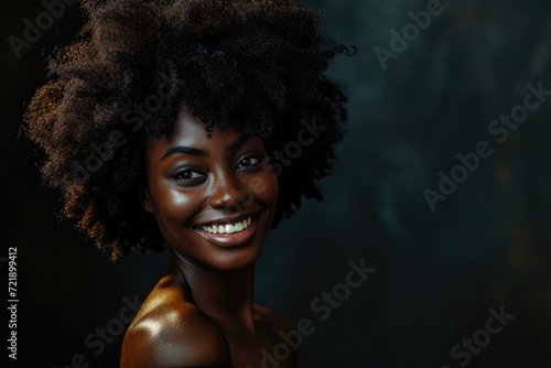 Smiling young black woman with afro hairstyle in black dress.