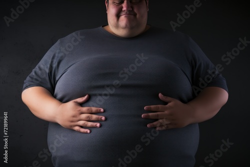 Fat man with hands on his stomach against dark background. Concept of obesity. The concept of obesity. Obesity Concept with Copy Space. photo