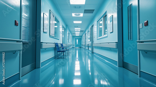 long well lit hospital corridor hallway, shiny floor with seats modern healthcare