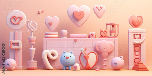 cute Decorative banners with cute love-themed patterns and characters, love-themed decorations, love element, soft lighting, soft pastel colors, 3d icon clay render, blender 3d, pastel background © Chayada