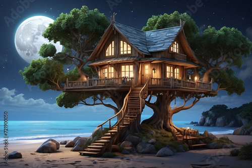 3d tree house on the beach at night