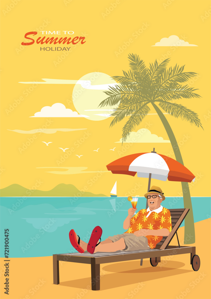 Time to summer holiday. Happy tourist senior man  wear beach shirt hat lie on deckchair with cocktail in hand , holiday on vacation banner.relaxing sea view Summer vacation