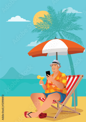 Happy tourist senior man wear beach shirt hat sit on deckchair with cocktail in hand , holiday on vacation banner. relaxing sea view Summer vacation concept.vector