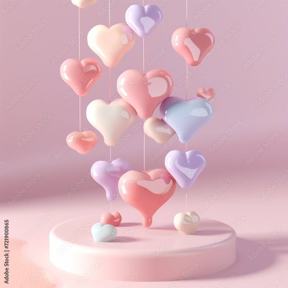 cute Cascading hearts falling like rain in different colors and sizes, 3d icon clay render, blender 3d, pastel background cute Cascading hearts falling like rain in different colors and sizes, 3d icon clay render, blender 3d, pastel background