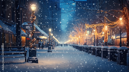 Experience the wonder of Christmas through this defocused image of sparkling street lights on a snowy city night, evoking a festive mood.