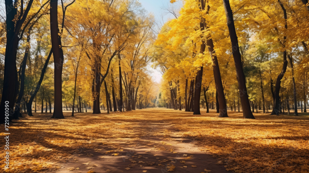 Fototapeta premium Discover the tranquility of a picturesque autumnal park, where a carpet of yellow leaves creates a breathtaking seasonal spectacle.