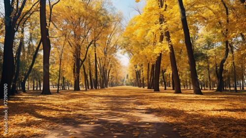 Discover the tranquility of a picturesque autumnal park, where a carpet of yellow leaves creates a breathtaking seasonal spectacle. © Mongkol