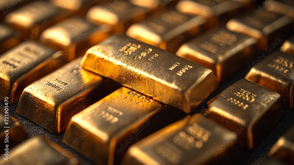 The image of gold bars, arranged on a shiny black background, represents luxury and financial sophistication. The image of gold bars, arranged on a shiny black background, represents luxury and financial sophistication.