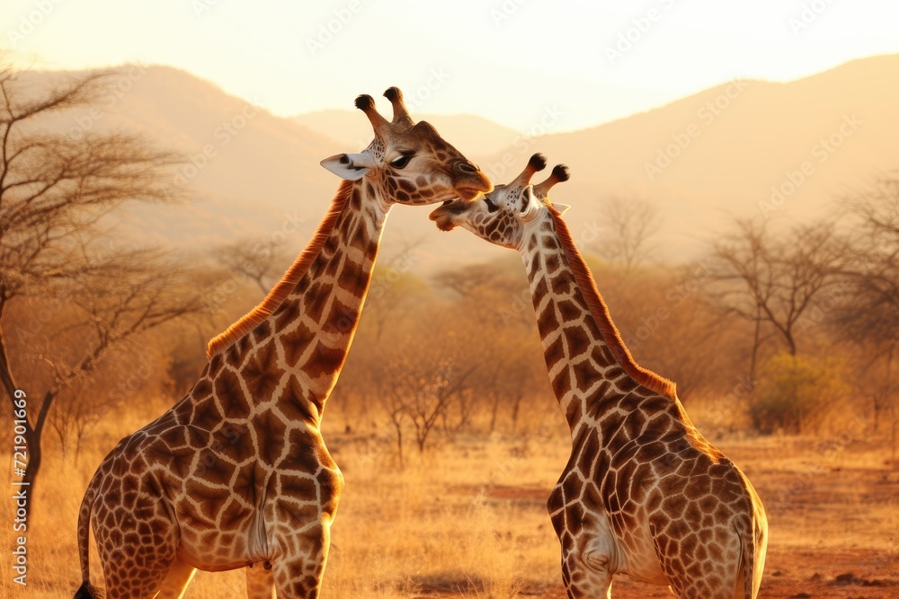 Obraz premium Giraffes bending down to playfully interact with each other.
