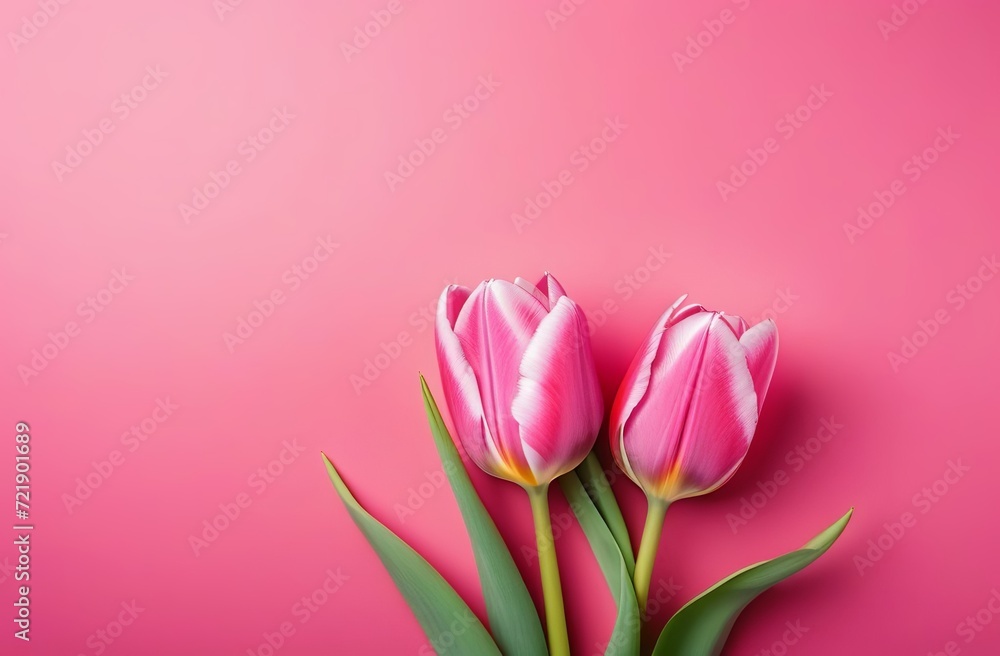 Pink tulips on the pink background. Valentines background. Beautiful Tulips flowers isolated on pink Background. Springtime flowers for Womens Day, Wedding, Birthday