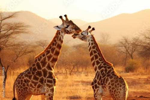 Giraffes bending down to playfully interact with each other.