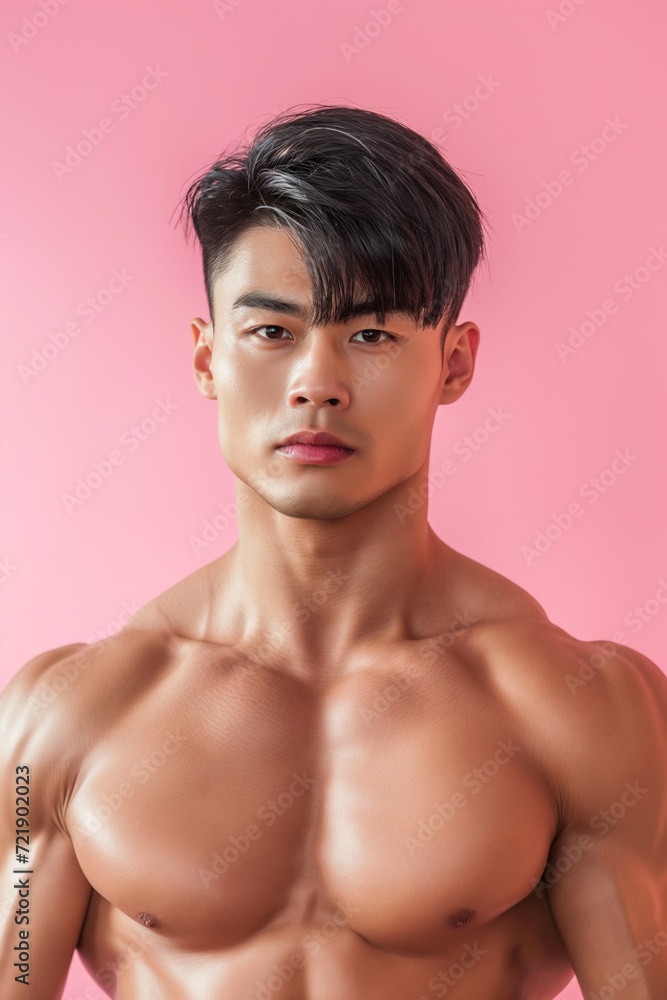 Handsome Asian young muscled bodybuilder man posing against pink background Handsome Asian young muscled bodybuilder man posing against pink background