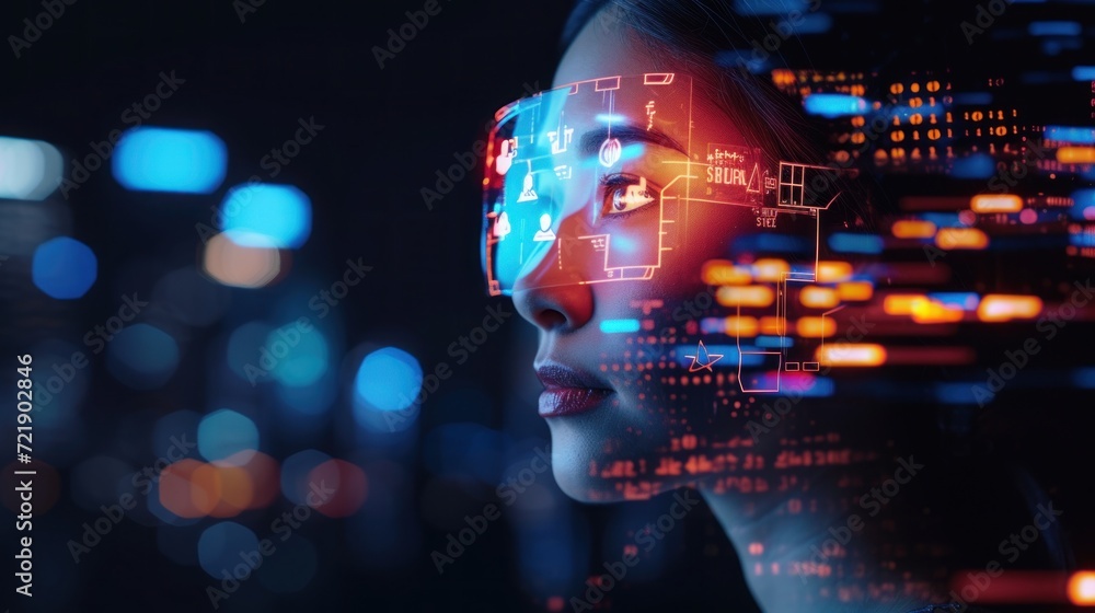 portrait of a woman with virtual reality projections of digital icons around her face  - obrazy, fototapety, plakaty 