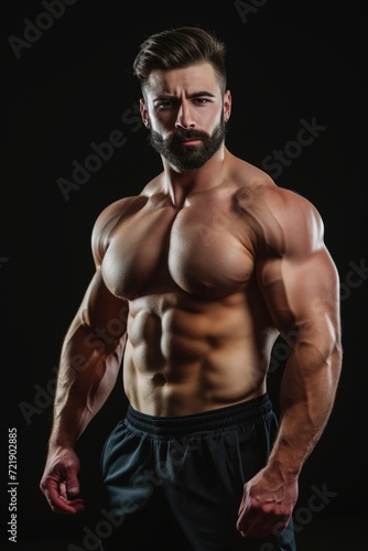 Handsome Caucasian muscled bearded bodybuilder man posing against black background