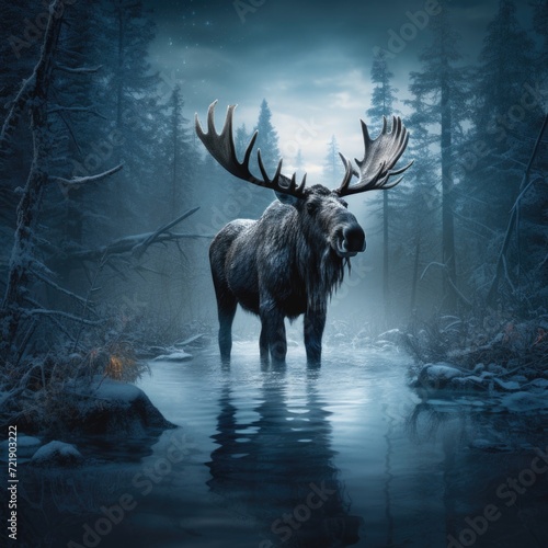 Moose walking in the forest with ice
