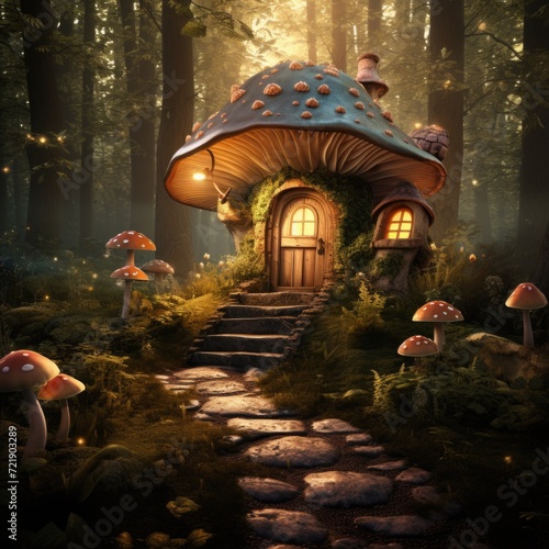 Mushroom fairy house in an enchanted forest