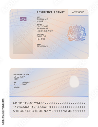 United Kingdom biometric residence permit BRP card template isolated on a white background. Vector illustration. Document, ID card. UK, Great Britain
