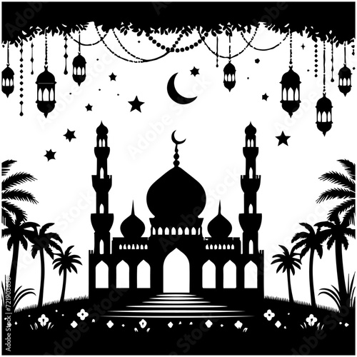 Ramadhan Kareem. Mosque with moon and stars in black and white, vector illustration.