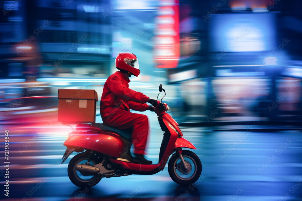 Food Delivery man ride motorcycle on the road at night , deliver parcel to customer at night with light trail .