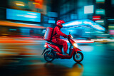 Food Delivery man ride motorcycle on the road at night , deliver parcel to customer at night with light trail .