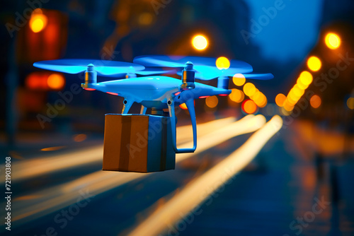 Flying drone deliver parcel at night time . © sattawat
