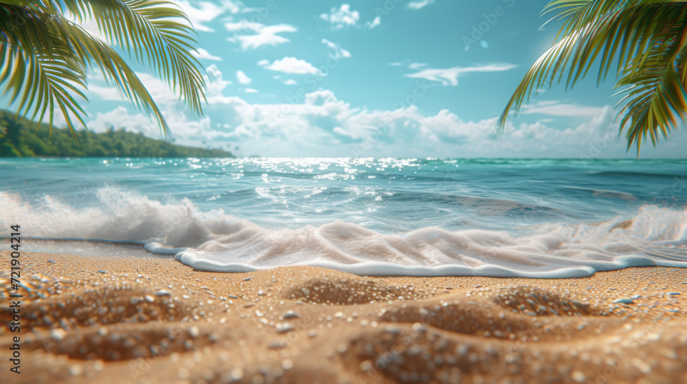 Tropical island sea beach, beautiful paradise nature panorama landscape, coconut palm tree green leaves, turquoise ocean water, blue sky sun white cloud, yellow sand, summer holidays, vacation, travel Tropical island sea beach, beautiful paradise nature panorama landscape, coconut palm tree green leaves, turquoise ocean water, blue sky sun white cloud, yellow sand, summer holidays, vacation, travel